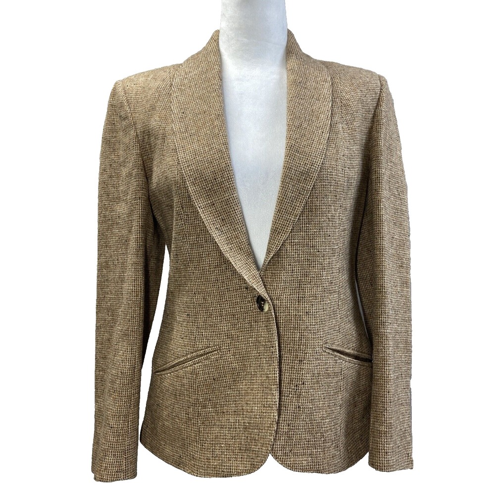 Brooks Brothers Blazer Womens 10 Beige Wool Check Tweed Shawl Collar Lined